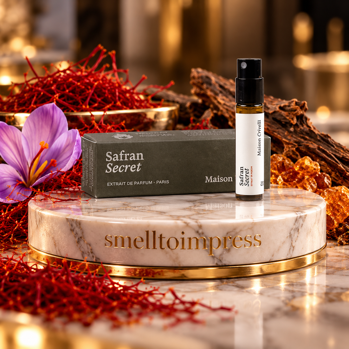 photo d’un échantillon officiel de parfum Maison Crivelli Safran Secret 1,5 ml