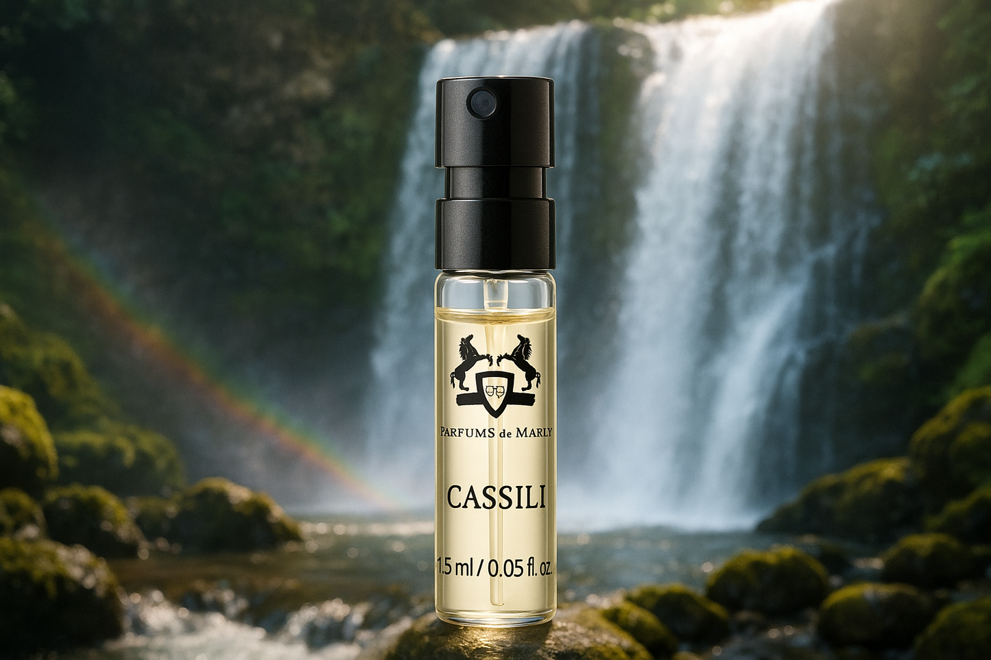 Parfums de Marly Cassili échantillon de parfum officiel 1,5 ml 0,05 fl.o.z. testeur de parfum, cascade en arrière-plan