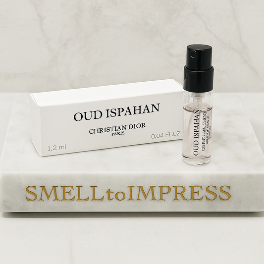 picture of CHRISTIAN DIOR OUD ISPAHAN (Unisex) EDP 1.2ML official perfume samples on smelltoimpress marble stand