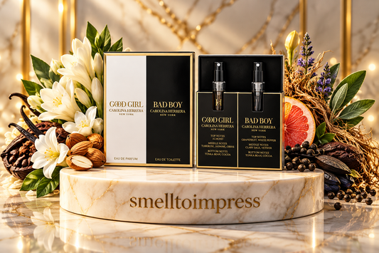 image d’un lot d’échantillons de parfum Carolina Herrera Good Girl 1,5 ml et Bad Boy 1,5 ml