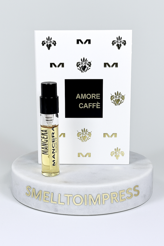 MANCERA Amore Caffe Eau de Parfum 0.06 fl. oz. 2 ml official perfume sample on smelltoimpress marble stand