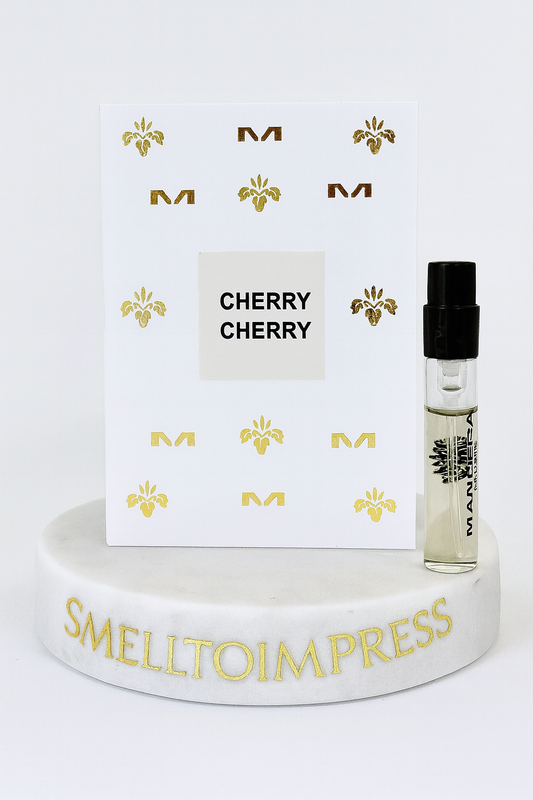 MANCERA Cherry Cherry Eau de Parfum 0.06 fl. oz. 2 ml official perfume sample on smelltoimpress luxury marble stand
