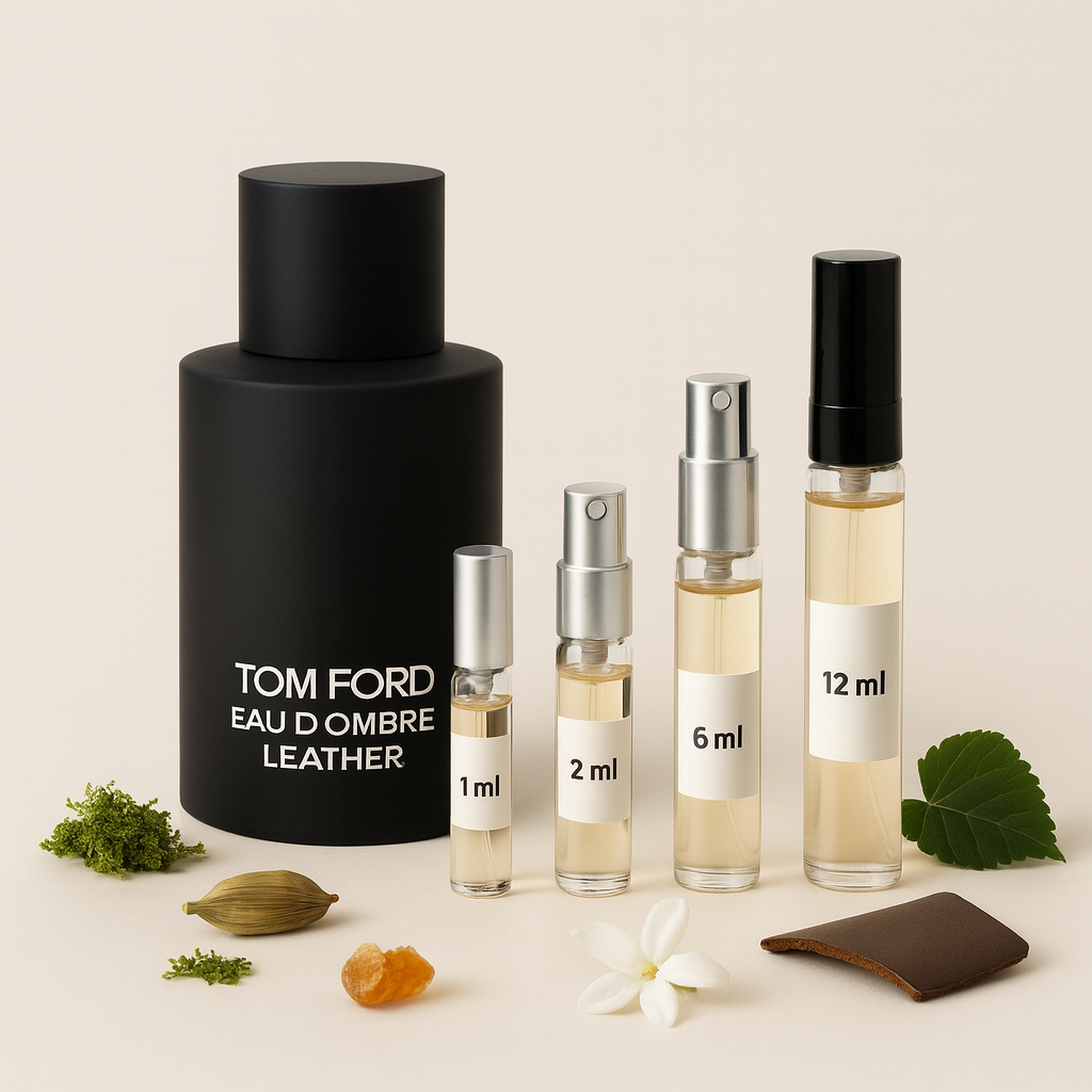 Flacon Tom Ford Eau d’Ombre Leather avec fioles d’échantillons 1 ml, 2 ml, 6 ml et 12 ml sur fond clair, avec des touches de cardamome, jasmin, ambre, mousse et cuir