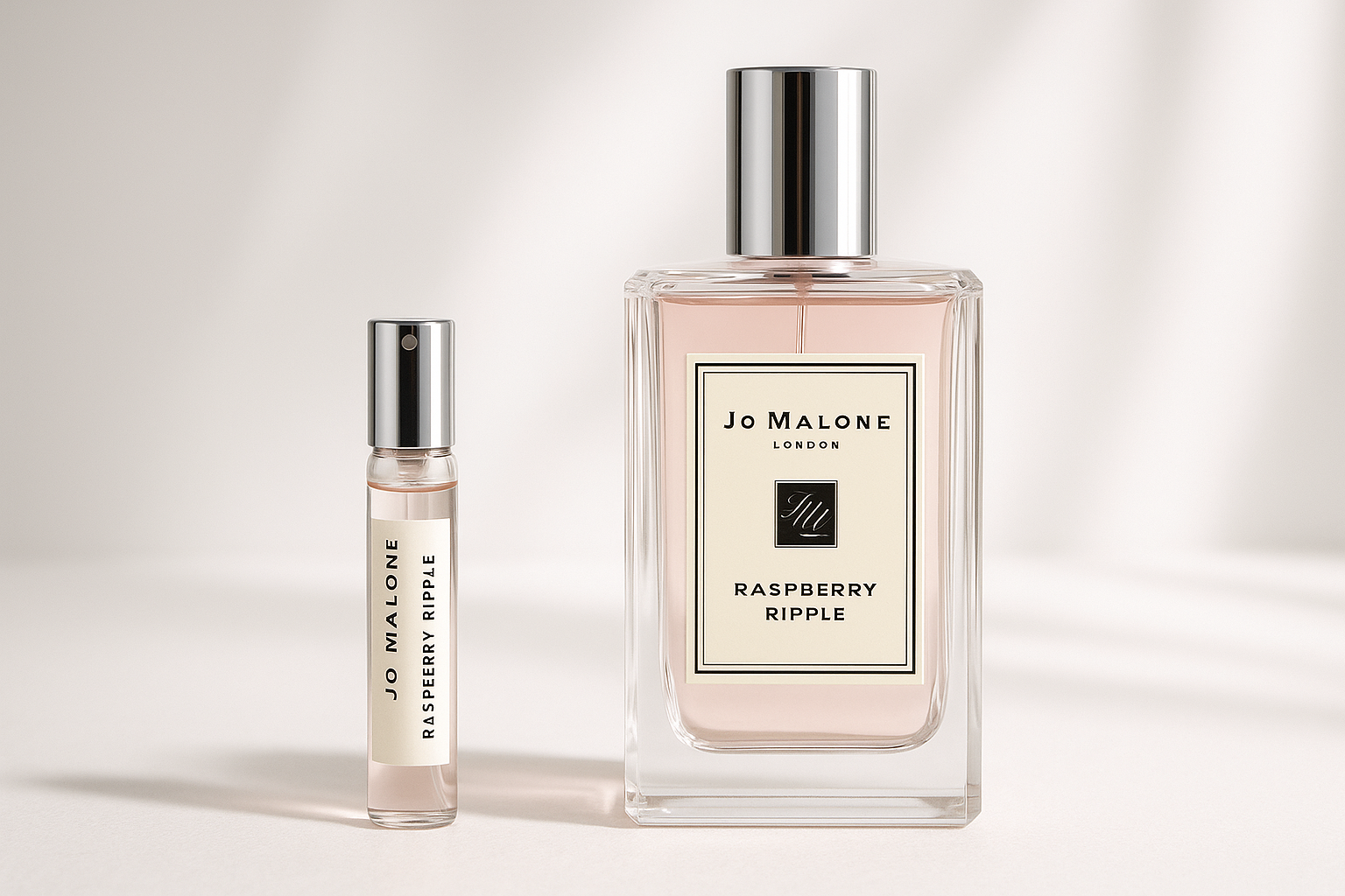 Échantillon de parfum Jo Malone Raspberry Ripple 2 ml à côté d'un flacon de parfum Jo Malone Raspberry Ripple 100 ml