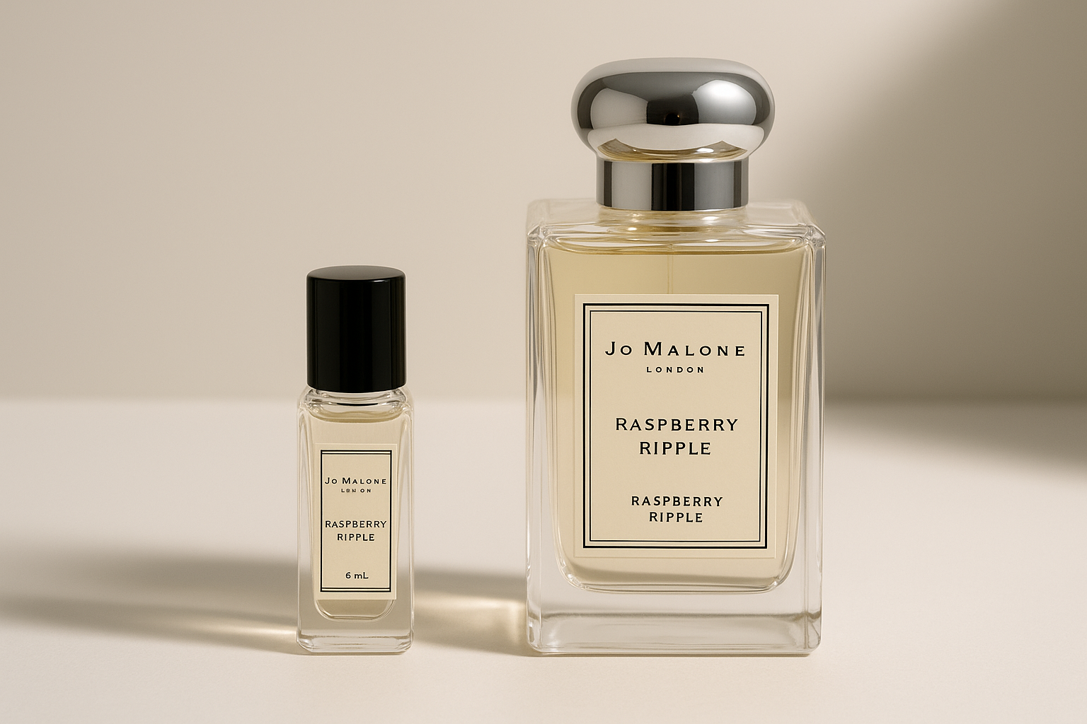 Échantillon de parfum Jo Malone Raspberry Ripple 6 ml à côté d'un flacon de 100 ml de Jo Malone Raspberry Ripple