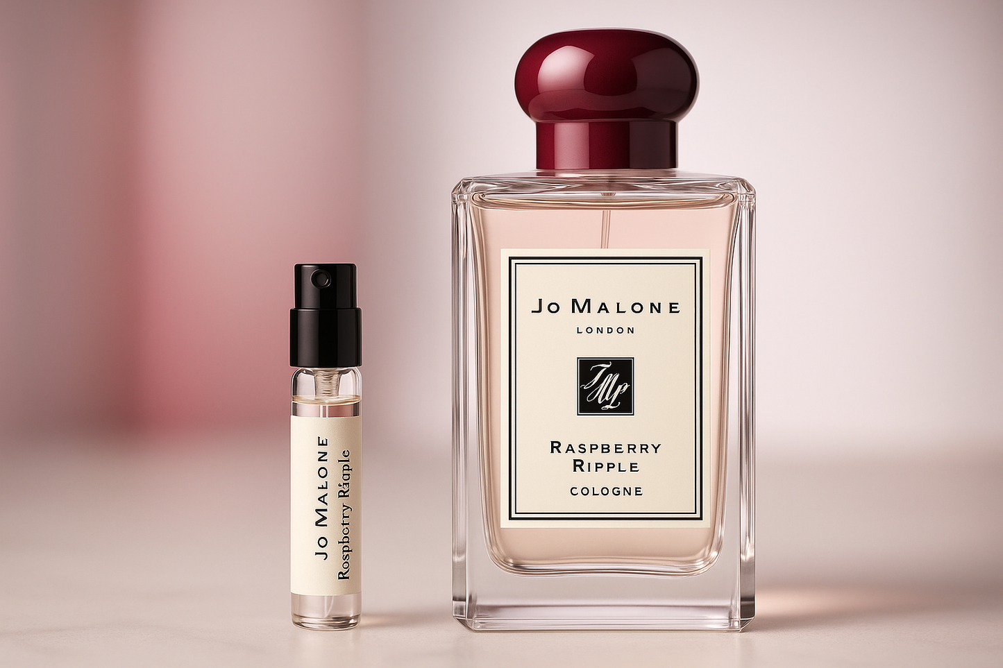 Échantillons de parfum Jo Malone Raspberry Ripple Cologne, échantillon de parfum de 1 ml à côté d'un flacon de parfum Jo Malone Raspberry Ripple Cologne de 100 ml