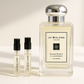 Échantillons de parfum Jo Malone Silver Birch & Lavender Cologne 1 ml debout à côté du parfum Jo Malone Silver Birch 100 ml