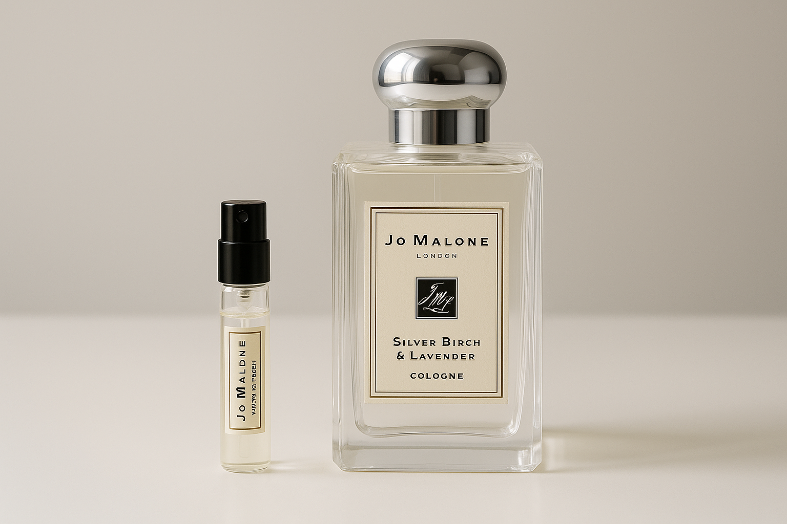 Échantillons de parfum Jo Malone Silver Birch & Lavender Cologne, échantillon de parfum de 2 ml à côté du parfum Jo Malone Silver Birch & Lavender de 100 ml