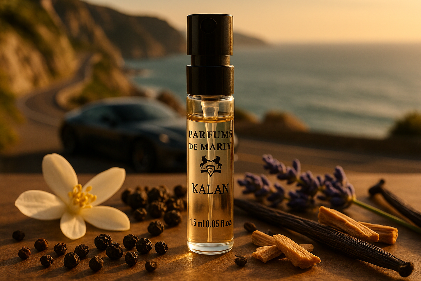 Parfums De Marly Kalan échantillon de parfum officiel 1,5 ml 0,05 fl. oz. testeur de parfum, à l'arrière-plan se trouve une voiture de luxe sur la côte de la mer, l'échantillon est entouré de notes de parfum du parfum Kalan