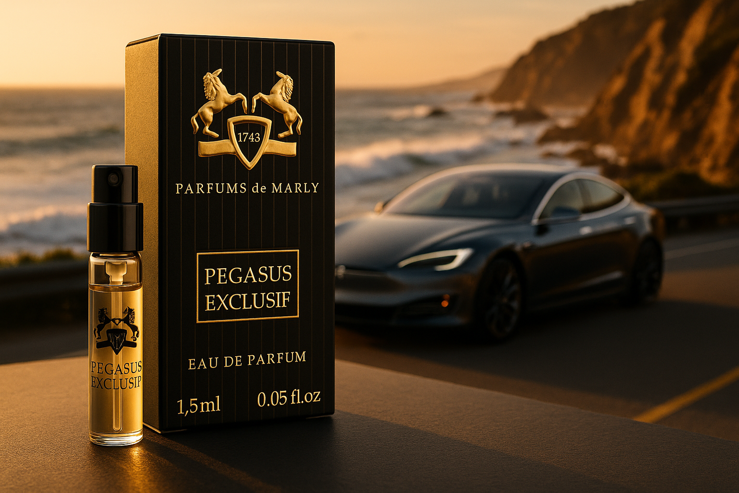 Parfums De Marly Pegasus Exclusif échantillon de parfum officiel 1,5 ml 0,05 fl. oz. testeur de parfum, en arrière-plan une voiture électrique de luxe sur la côte