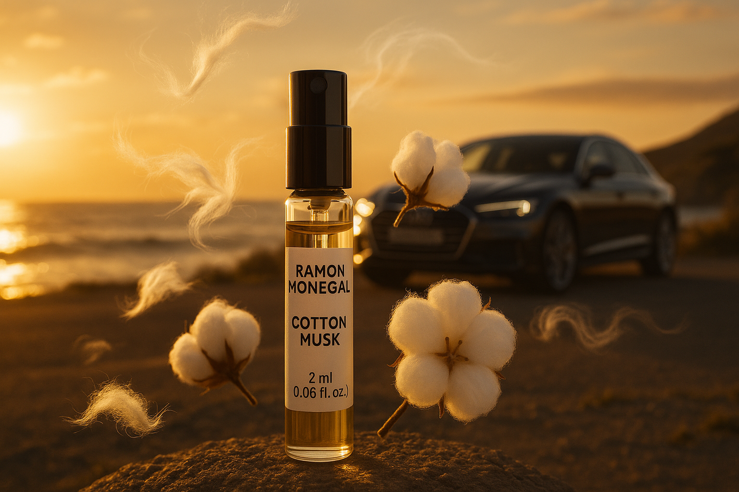 Échantillon officiel de parfum Ramon Monegal Cotton Musk 2 ml 0,06 fl.oz. testeur de parfum, voiture de luxe en arrière-plan près de la côte de la mer au coucher du soleil, l'échantillon est entouré des notes du parfum Cotton Musk