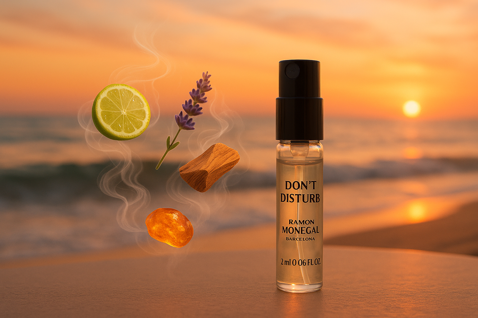 Échantillon de parfum officiel Ramon Monegal Don't disturb 2 ml 0,06 fl.oz. testeur de parfum, échantillon de parfum entouré de notes de parfum de Don't disturb face à la côte de la mer au coucher du soleil