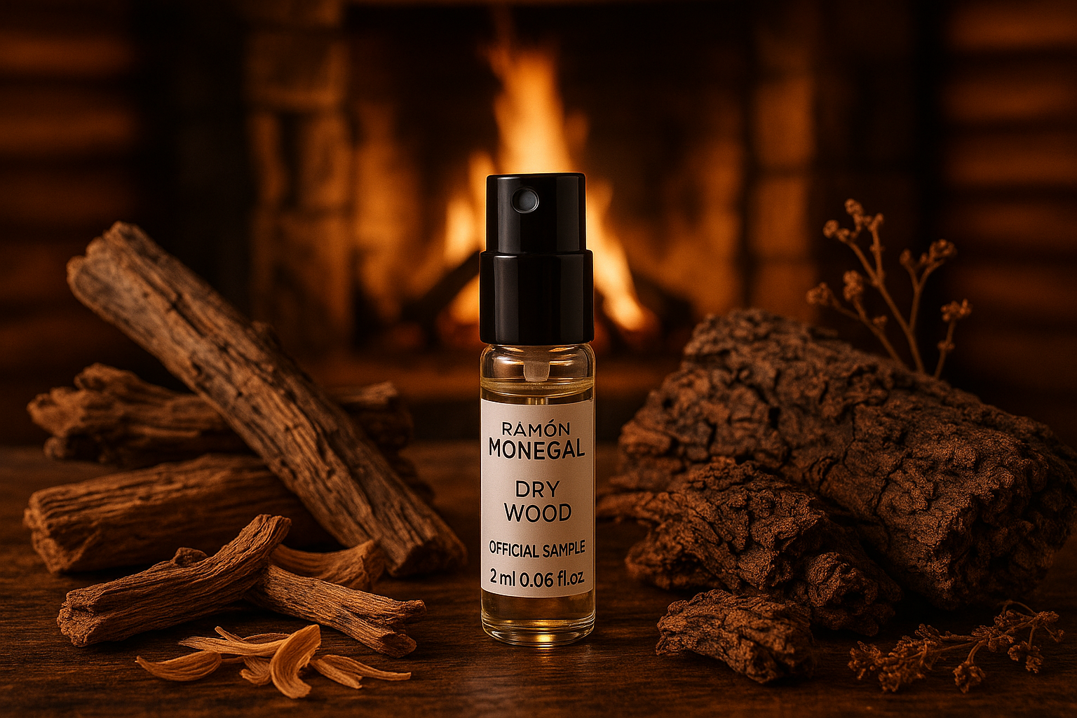Échantillon officiel de parfum Ramon Monegal Dry Wood 2 ml 0,06 fl.oz. testeur de parfum, en arrière-plan un feu ouvert dans le chalet de montagne, échantillon entouré de notes de parfum Dry Wood