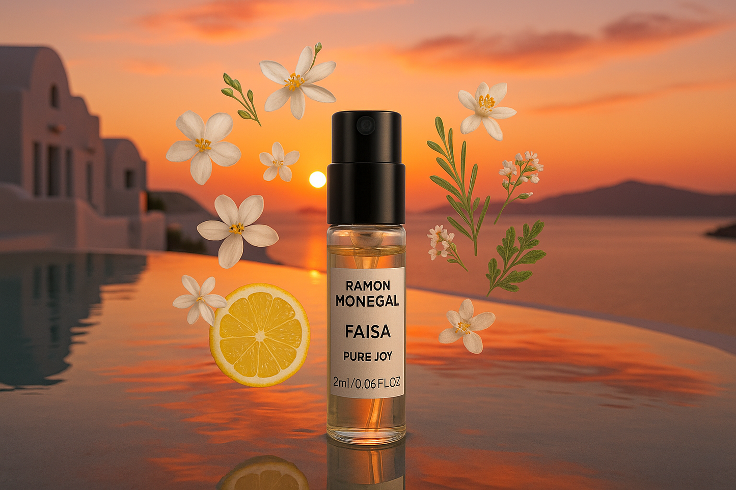 Échantillon officiel de parfum Faisa Pure Joy de Ramon Monegal, testeur de parfum 2 ml 0,06 fl.oz, en arrière-plan, coucher de soleil dans la piscine de Santorin, échantillon entouré de notes de parfum Faisa Pure Joy