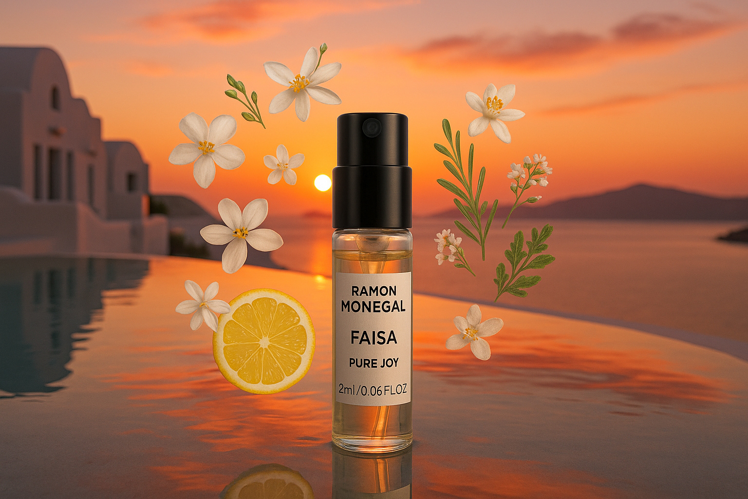 Échantillon officiel de parfum Faisa Pure Joy de Ramon Monegal, testeur de parfum 2 ml 0,06 fl.oz, en arrière-plan, coucher de soleil dans la piscine de Santorin, échantillon entouré de notes de parfum Faisa Pure Joy