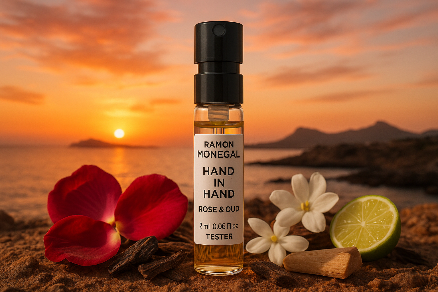 Échantillon officiel de parfum Ramon Monegal Hand in Hand Rose & Oud 2 ml 0,06 fl.oz. testeur de parfum, en arrière-plan le coucher de soleil à Isla Plana en Espagne, l'échantillon est entouré de notes de parfum Hand in Hand Rose & Oud