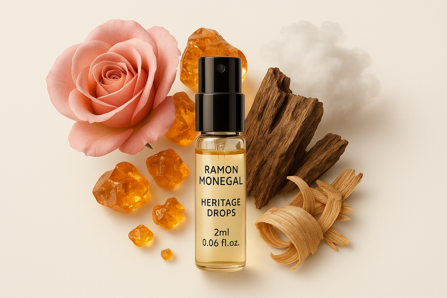 Échantillon officiel de parfum Ramon Monegal Heritage Drops 2 ml 0,06 fl.oz. flacon d'échantillon de testeur de parfum entouré des notes de parfum Heritage Drops